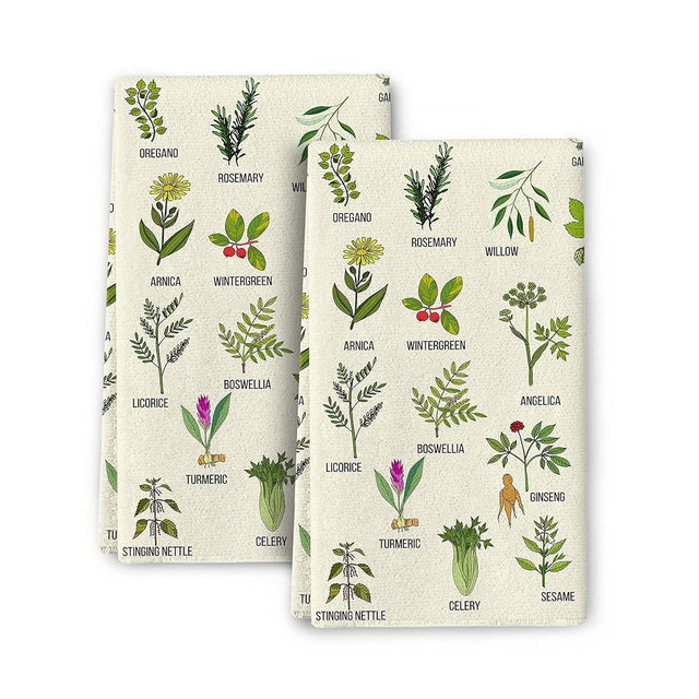 Cute Herbs Botanic Garden Plants Kitchen Dish Towels Set of 2, Ultra Soft Absorbent Hand Drying Baking Cooking Cloth, Spring Summer Holiday Home Decor 16" x 24"