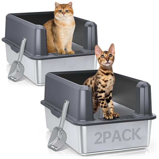 WoofiGo 2PACK Stainless Steel Cat Litter Box with Lid, XL Metal Litter Box for Big Cats, Extra Large Litter Pan with High Sides, Never Absorbs Odors, Non-Sticky, Easy Clean, Anti-Urine Leakage (Gray)