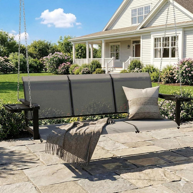 HOMREST Textilene 3 Seat Porch Swing with Cup Holder, 5.3FT Patio Hanging Swing Bench, 700lbs Capacity Outdoor Porch Swing with Hanging Chains for Deck Garden Backyard (Gray)