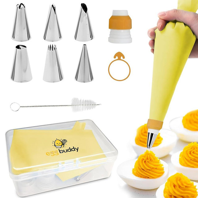 Egg Buddy Deviled Egg Piping Tool – Reusable Piping Bag and Tips Set, 9 Piece Silicone Piping Bag Decorator & Filler Kit for Perfect Party Appetizers (Yolk Yellow)