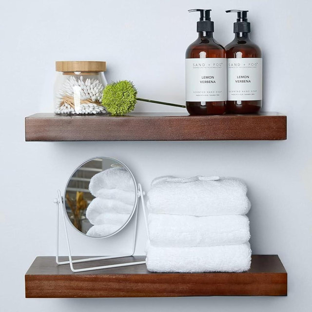 Homeforia Walnut Floating Shelves for Wall, Premium Solid Wood Shelf, Walnut Bathroom Shelves, Heavy Duty Bracket, 18 x 6.5 x 1.75 inch, Set of 2
