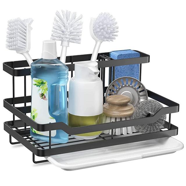 Sponge Holder Kitchen Sink Caddy Organizer, Large Stainless Steel Sink Tray Drainer Rack, Countertop Soap Dish Dispenser Brush Holde with Removable Drain Tray - Not Including Dispenser, Sponge, Brush