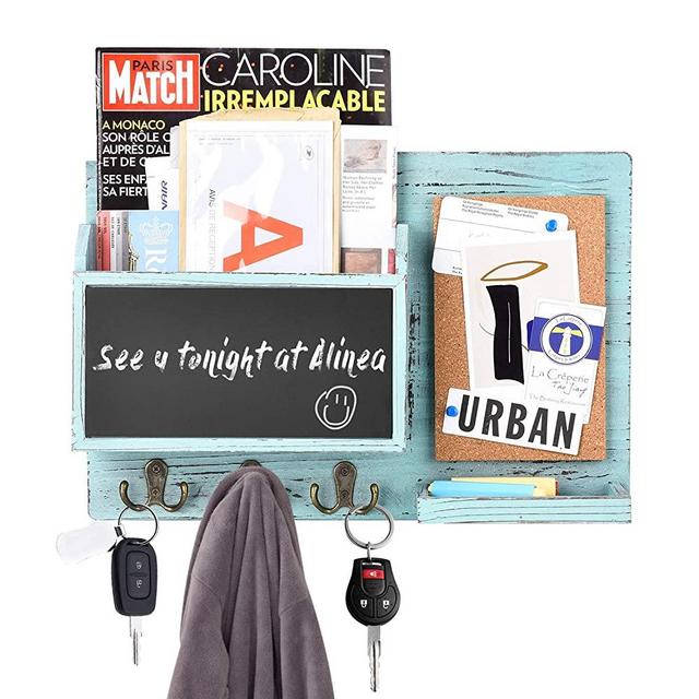 Urban Deco Mail Organizer Wall Mount Mail Sorter with 3 Key Hooks, Chalkboard and Corkboard Rustic Home Deco for Entryway, Dining Room, Office, Blue
