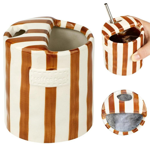 Novelty Ceramic Coffee Mug Designed to Look Like a Gift Box, 10oz Retro Hand-Painted Ceramic Travel Mug, Brown & White Striped, Microwave & Dishwasher Safe, Perfect Present for Coffee Lovers (Brown)