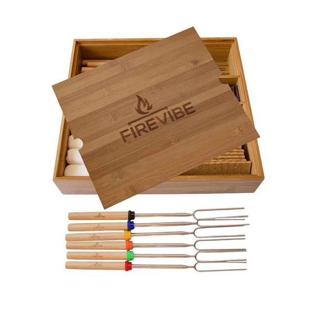 FireVibe Smores Kit | Custom Bamboo Box with 6 Piece Smores Sticks for Fire Pit | Attractive Portable Smores Kit for Fire Pit Outdoor or Indoor Smores Kits | Smore Kit with Smore Sticks