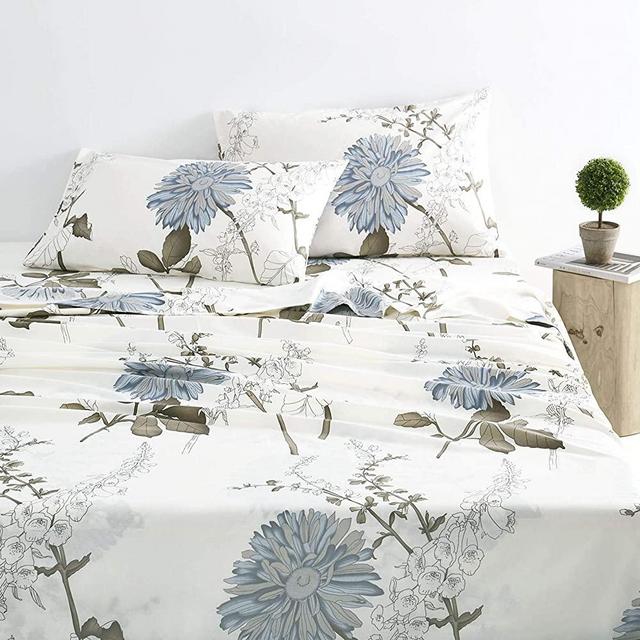 Wake In Cloud - Floral Sheet Set, 100% Cotton Bedding, Botanical Flowers Pattern Printed (4pcs, King Size)