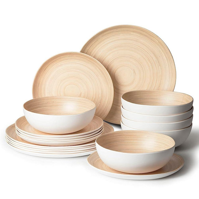 Joviton Home 18PCS Bamboo Swirl Melamine Dinnerware Sets for 6, Plates and Bowls Sets (Light Bamboo)