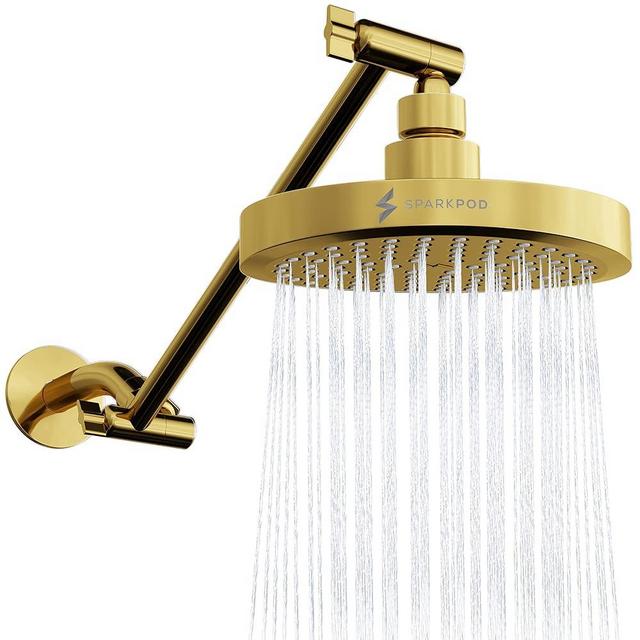SparkPod Round Rain Shower Head with Shower Head Extension Arm - High Pressure Rain - Luxury Modern Look - No Hassle Tool-less 1-Min Installation (11" Shower Arm Extension, Egyptian Gold)