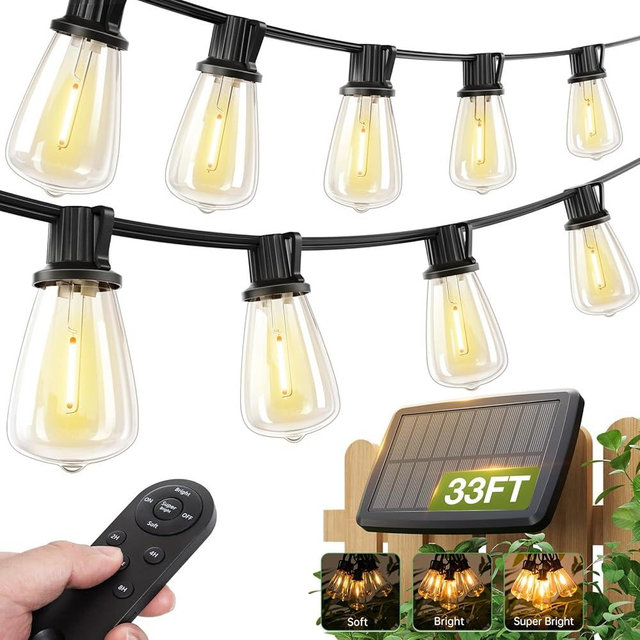 addlon 33(27+6) FT Solar String Lights Waterproof,Patio Lights Solar Powered with Remote& USB Port 10+1 LED Shatterproof Bulbs 3 Lighting Modes Outdoor Lights for Camping Backyard Garden