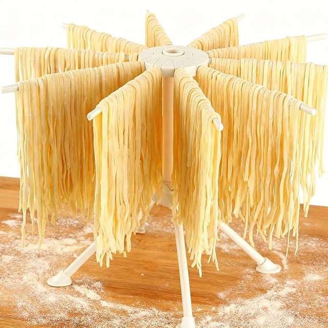 Plastic Collapsible Pasta Drying Rack - 10 Arms for Fresh Homemade Spaghetti, Quick to Set Up & Easy to Store, White Kitchen Noodle Dryer Stand (White)
