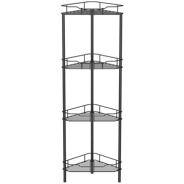 HuggieGems 4 Tier Floor Standing Corner Shower Caddy Organizer Shelf with Hooks, Bathroom Shelves Stand Rack, Black