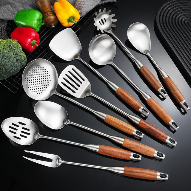 NIITAWH 304 Stainless Steel Kitchen Utensils Set with Wooden Handle for Cooking 9 PCS with Solid Spoon, Slotted Spoon, Fork, Spatula, Ladle, Skimmer, Slotted Tunner, Spaghetti Spoon, Large Spoon