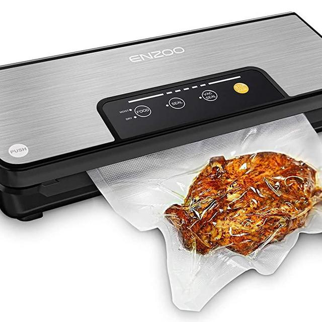 ENZOO Vacuum Sealer Machine, Automatic Vacuum Air Sealing System for Food Preservation with Built-in Cutter w/Starter Kit|Led Indicator Lights|Easy to Clean|Dry & Moist Food Modes (Silver)