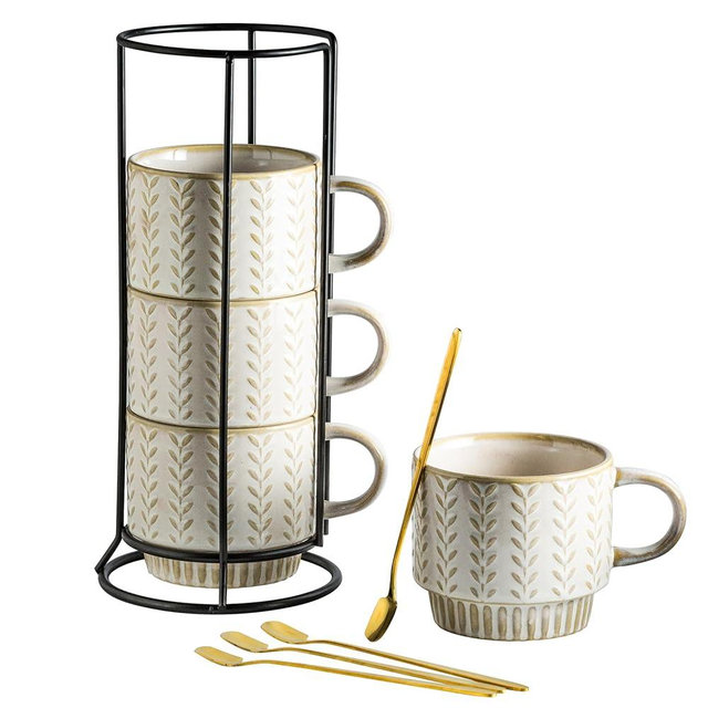 Miamolo Coffee Mugs Set of 4 with Spoons & Stand, Stackable Espresso Cups 13oz Coffee Mug for Drinks Latte Cappuccino Tea, Coffee Cup for Women Men Couples Housewarming Birthday Gift, Dishwasher Safe
