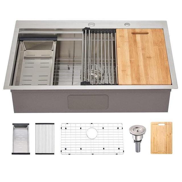 SHACO 33x22 Inch Drop In Kitchen Sink, 33 Inch Stainless Steel Top Mount Kitchen Sink, Single Bowl Overmount Double Ledges Workstation Sink with Accessories, Brushed Nickel