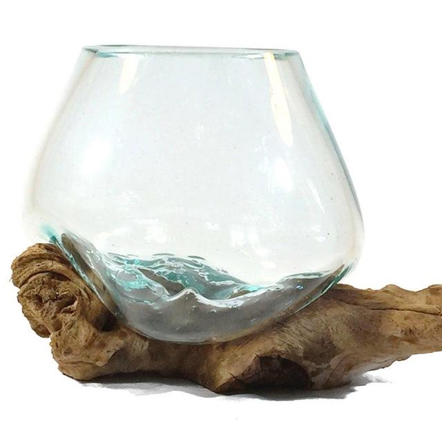 Molten Glass on Driftwood 7" x 6" Terrarium, Vase, Fairy Garden Hand Blown