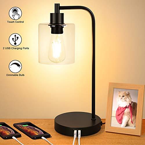 Industrial Touch Control Table Lamp, Dual USB Charging Ports, 3 Way Dimmable Vintage Bedside Nightstand Lamp, Glass Shade Desk Reading Lamp for Bedroom Living Room 6W 2700K LED Edison Bulb Included