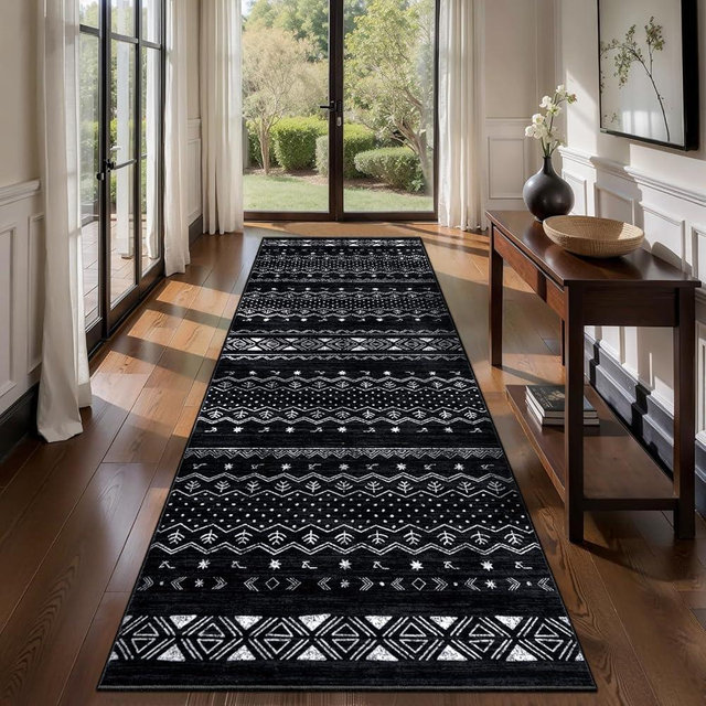SERISSA Hallway Runner Rug, 2'6"x8' Washable Non-Slip Black and White Boho Rug, Soft Low-Pile Geometric Indoor Long Carpet for Kitchen Laundry Room Bathroom Bedroom Entryway