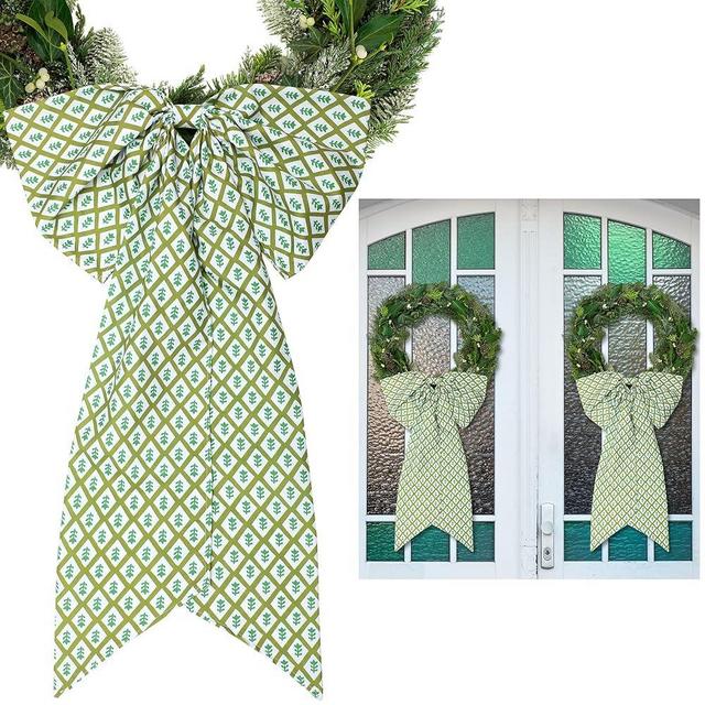 HunnmingRe 2 Pcs Green Block Print Wreath Sash Spring Wreath Sash for Front Door Green Stripes Burlap Bow Holiday Floral Bow Accessories for Doorway Indoor Outdoor Home Wedding Birthday Decoration