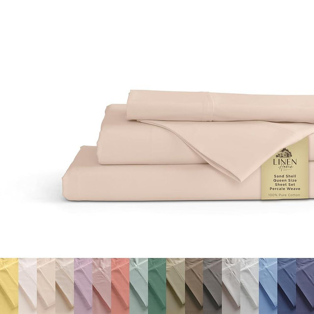 100% Cotton Percale Sheets King Size, Sand Shell, Deep Pocket, 4 Pieces Sheet Set - 1 Flat, 1 Deep Pocket Fitted Sheet and 2 Pillowcases, Crisp Cool and Strong Bed Linen