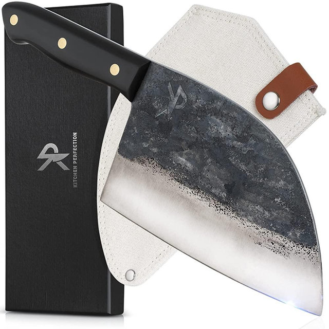 KITCHEN PERFECTION Meat Cleaver Kitchen Knife -Professional 7" Serbian Chef Knife –HandForged in Fire, High-Carbon Steel– Razor Sharp Cleaver Knife Chopping Knife w/ Canvas Sheath,Unique Patina Looks