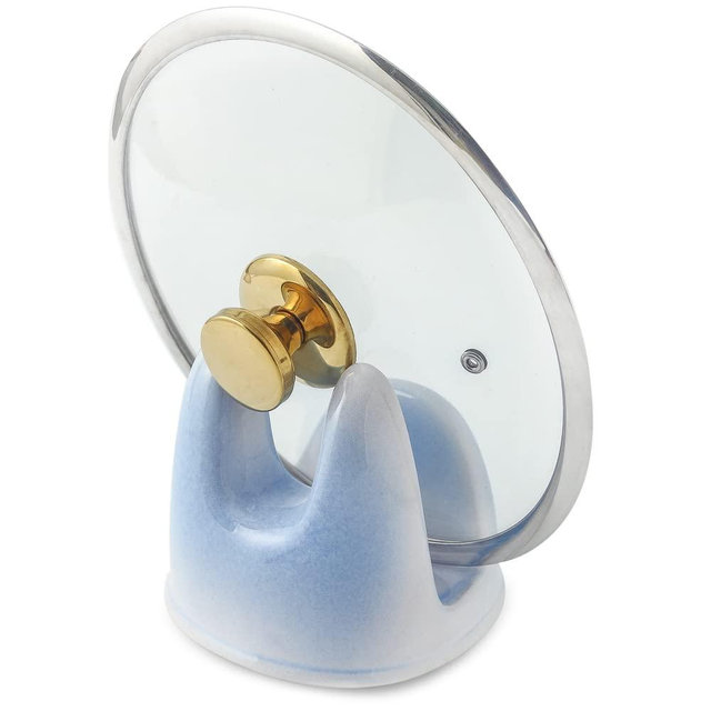 Nihow Pot Lid Holder: Stable Ceramic Pan Lid Holder for Kitchen Counter Decor/Counter top/Stove Top- Heat Resistant & Dishwasher Safe - Elegant White & Blue (1 PC)