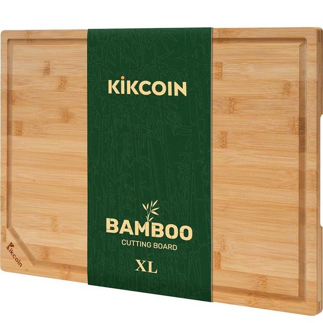 Bamboo Cutting Boards for Kitchen, Extra Large Wood Cutting Board with Deep Juice Groove and Handle Heavy Duty Chopping board, Kikcoin, 17.6" x 12"