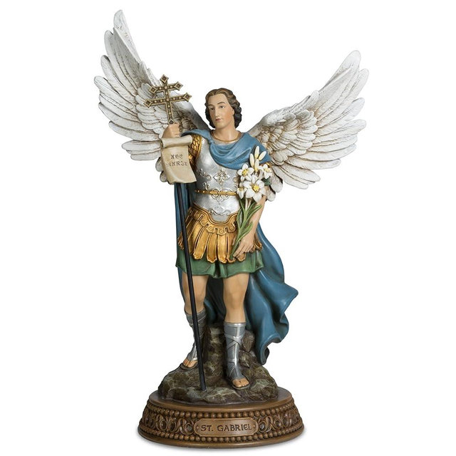 DevotedWalls St. Gabriel The Archangel Statue,Patron Saint of Messengers,12" The Archangel Gabriel Statue in Blue/White,Colored Saint Gabreiel with Lily & Scroll,Estatua de San Gabriel el Arcángel