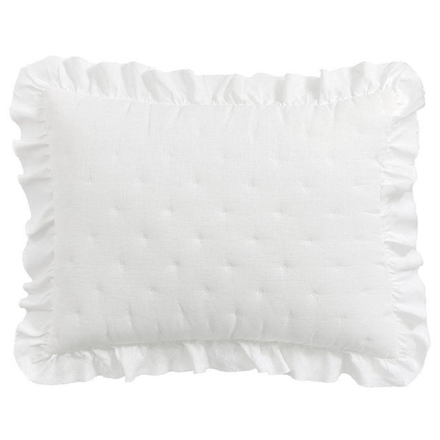 Belgian Flax Linen Ruffle Tufted Quilted Sham, White, Standard, Set of 3