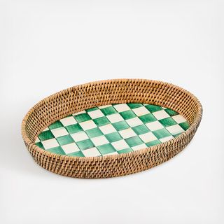 Emerald Check Enamel & Rattan Tray