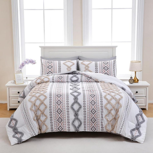 MOVE OVER Tufted Comforter Set King Size Boho Comforter Set 7 Pieces Bed in a Bag King 100% Soft Microfiber Aztec Comforter Set Shabby Chic Farmhouse Style Beige and Gray Fluffy Tufted Bedding Set