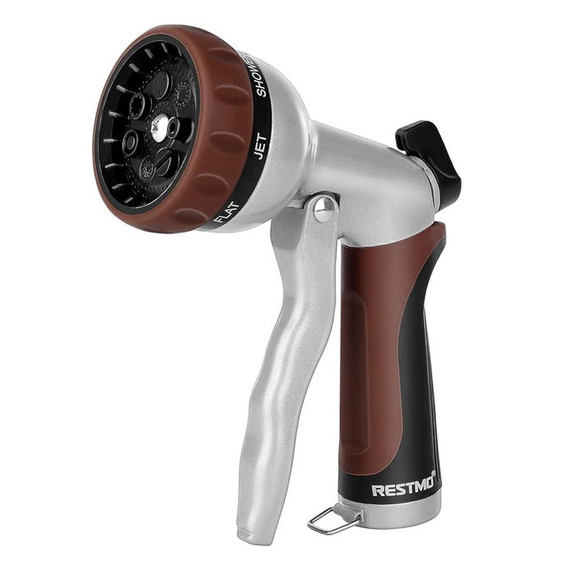 RESTMO Garden Hose Nozzle, Heavy Duty Metal Water Hose Nozzle with 7 Adjustable Spray Patterns, High Pressure Hand Sprayer with Flow Control, Best for Watering Plant & Lawn, Washing Car & Pet, Brown