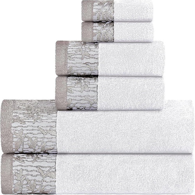 Superior 6 Piece Cotton Towel Set, Floral Jacquard Dobby Border, Quick Dry, Decorative Bathroom, Shower, Bath, Includes 2 Body, 2 Hand, 2 Face Towels/Washcloths, Wisteria Collection, White