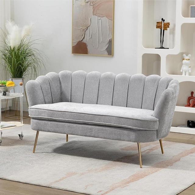 anwickjeff 59" Wide Modern Boucle Loveseat Small Sofa Small Mini Room Couch 2-Seater Sofa with Gold Metal Legs for Small Space Office Studio Apartment Bedroom (Light Gray.)