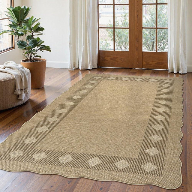 LIVEBOX Easy Jute Diamond Rug for Living Room, Scalloped Washable 5x7 Tan Rug for Bedroom, Geometric Checkered Non-Slip Indoor Outdoor Rug Dining Room Morden Carpet Area Rug for Home Office Mat