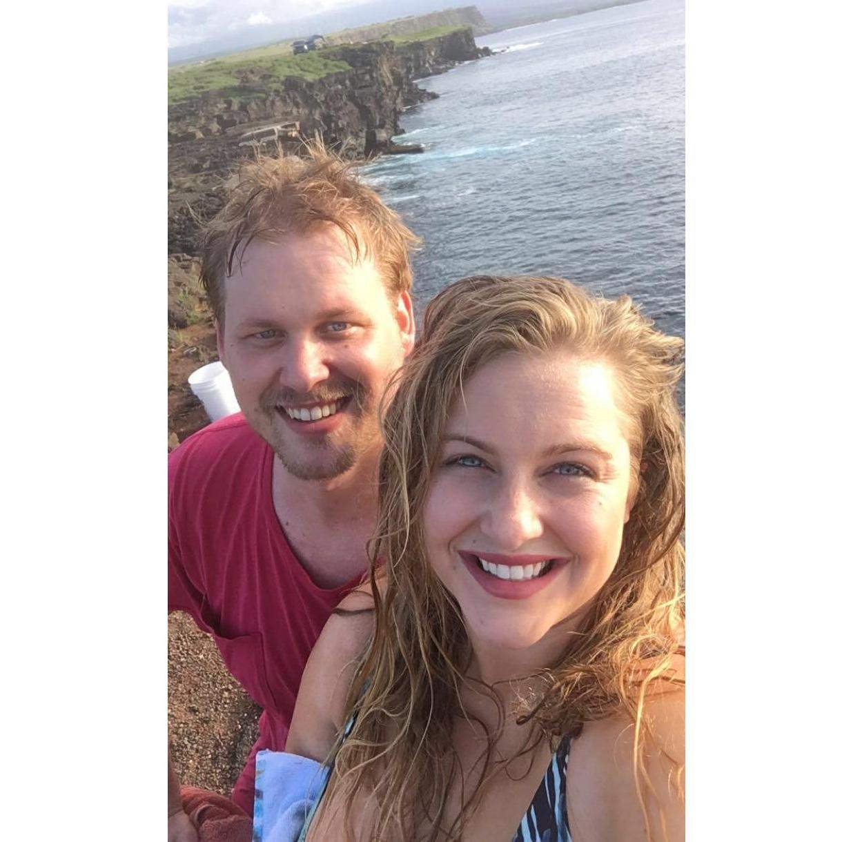 We share a love for action & adventure. This photo was taken after jumping off South Point Cliff - the most southern point of the US (Big Island, HI 2018)