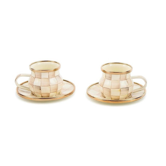 MACKENZIE-CHILDS Espresso Cup and Saucer Set, Cute Small Coffee Cups and Saucers, Set of 2, Brown-and-White Mocha Check