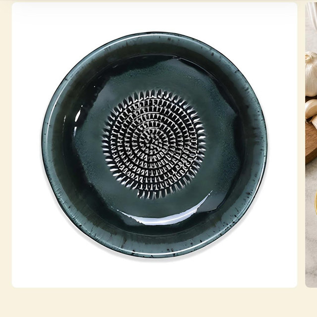 Garlic Grater Bowl, Ceramic Grater Plate, 7" Ceramic Garlic Grinder, Decorative Grater Bowl - With Brush / moss green