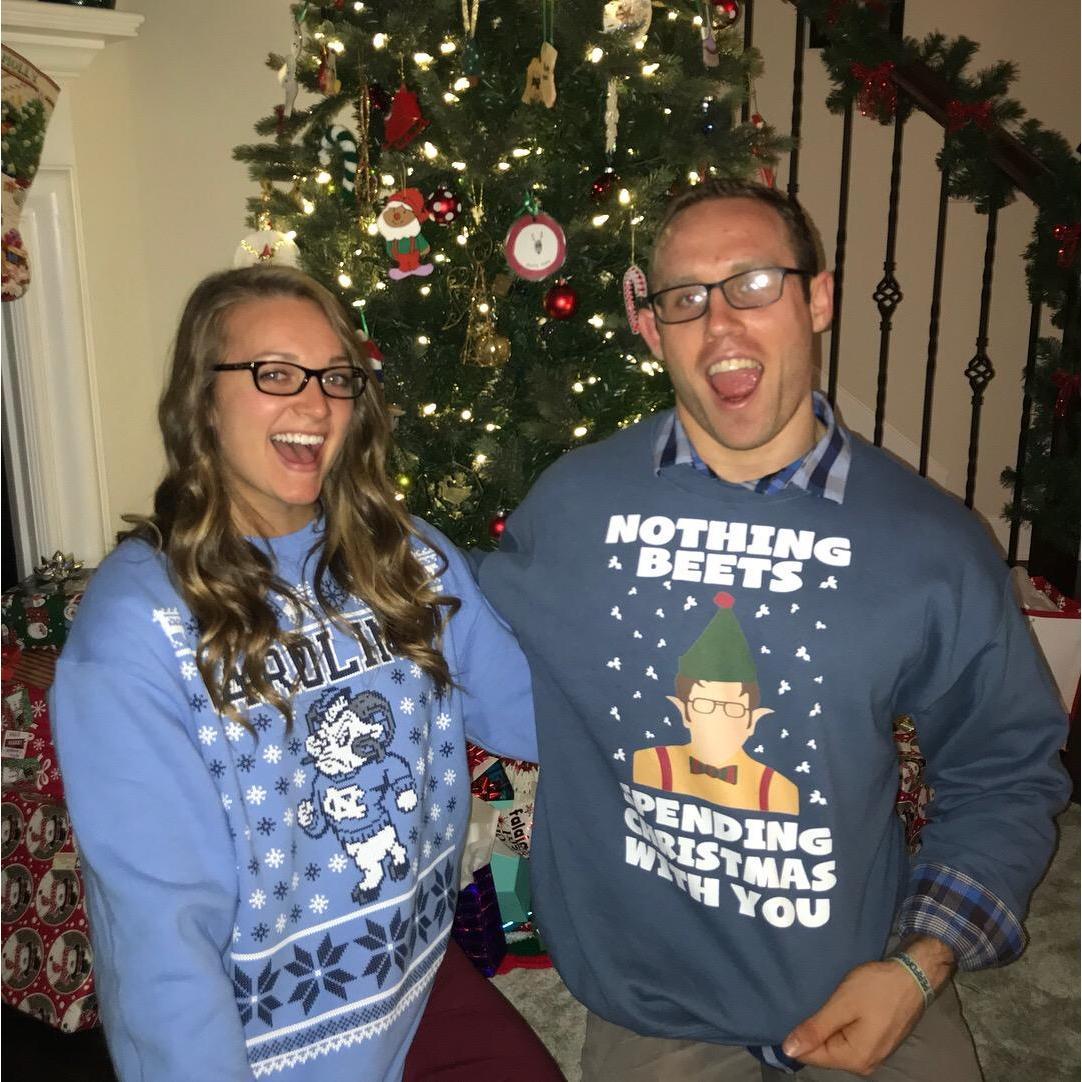 Rocking our favorite holiday sweaters on our first Christmas together