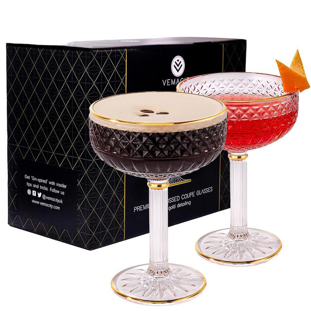 VEMACITY Embossed Espresso Martini Glasses set of 2 with Gold Rims | Beautiful Patterned Coupe Glasses Set of 2 (10oz) | Versatile Champagne, Cosmopolitan, Margarita, Coupe Martini Glassware.