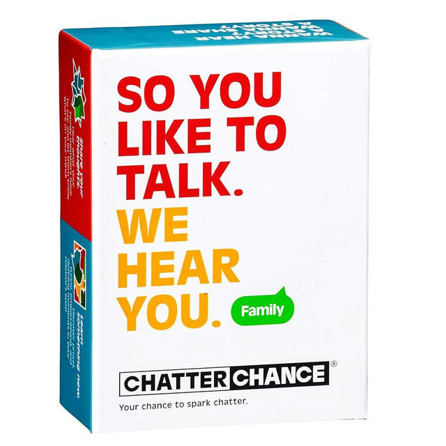 CHATTER CHANCE Family: Conversation Card Games - Family Fun Game for Day & Night Party or Car Road Trip - 80 Thought Provoking Family Questions - Deck of Question Cards Gift for Kids, Teens & Adults