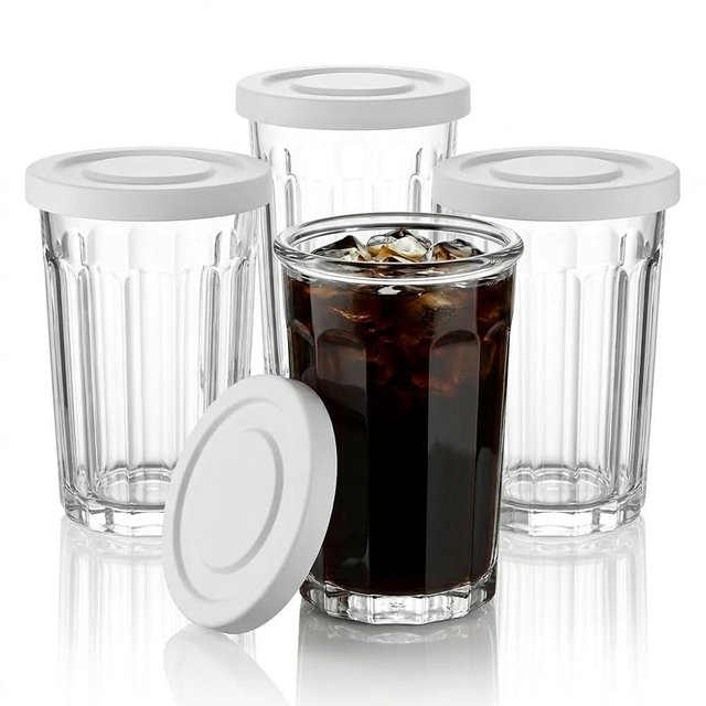 MedoouHait Tall Glass Cups with Lids Set of 4, 18oz Heavy Duty Glass Tumblers, Thick Drinking Glasses for Iced Coffee with Soft Airtight Lids, Stackable Picardie Style Food Storage Jars for Kitchen