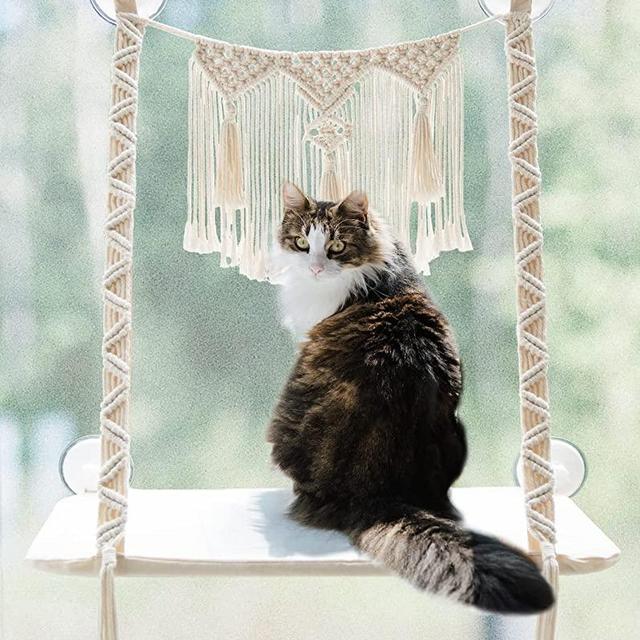 Dahey Cat Window Perch Macrame Cat Hammock Boho Wall Mounted Pet Resting Seat Bed for Indoor Cats Space Saving kitty Sunny Swing Shelf on Window Safety Holds up to 45 lbs with Screw Suction Cups, Gift