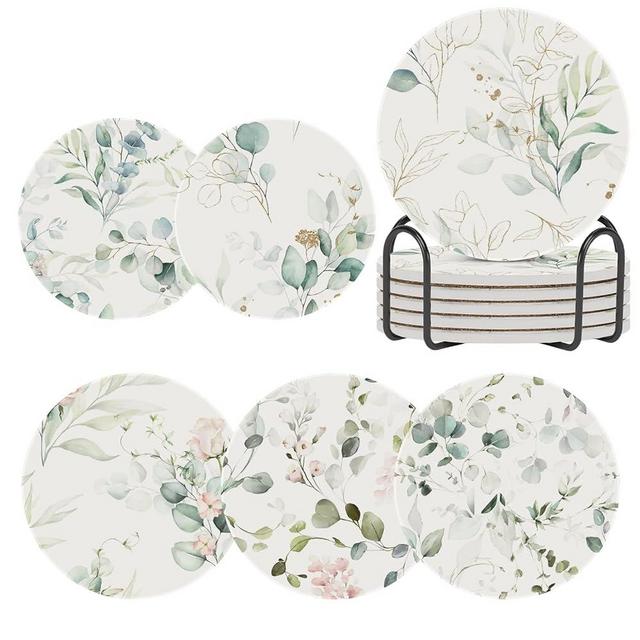 Coasters for Drinks Absorbent with Holder,Abstract Watercolor Eucalyptus Floral Green Leaves Sets of 6 Durable Cup Coaster for Coffee Table Protection,Great Housewarming Birthday Gifts,Home Decor