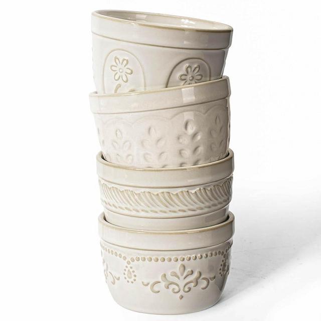 Artena Ramekins, Ramekins Oven Safe, Creme Brulee Ramekins, Embossed White Ceramic Ramiken, Souffle Pudding Custard Cups, Baking Dish, Dipping Bowls, Sauce Cups, Set Of 4 (Multiple Patterns, 8 oz)