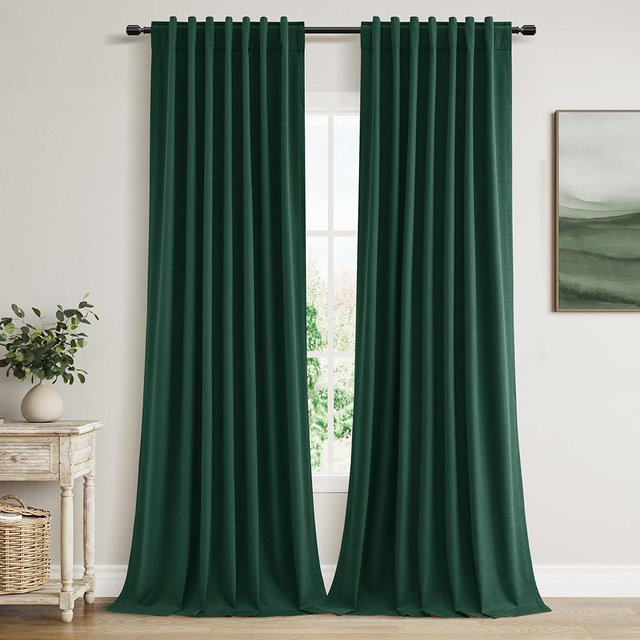 Guken Blackout Curtains 96 Inch Length 2 Panels Set for Living Room Bedroom Back Tab Thermal Insulated 100% Black Out Linen Drapes Room Darkening Window Curtains 96 Inches Long,Emerald Green