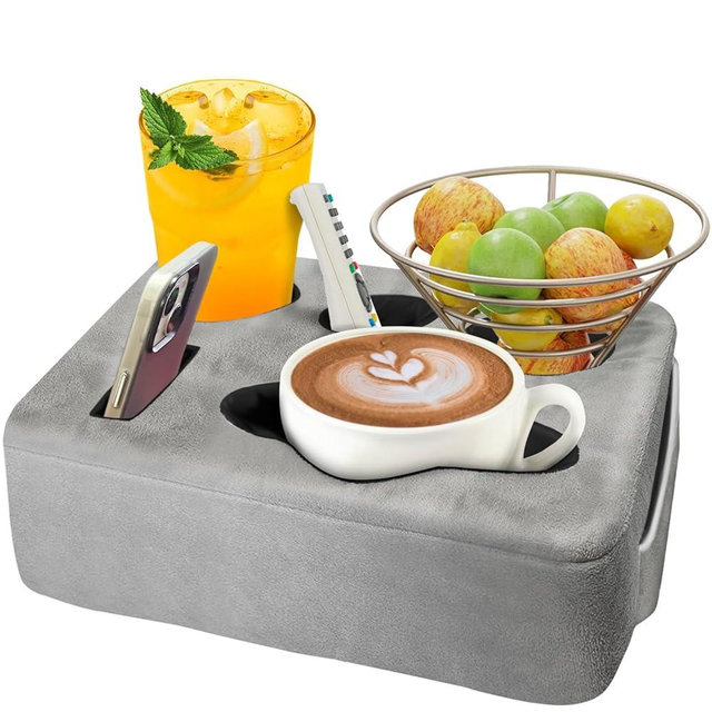 NISDOING Couch Bed Cup Holder Pillow, 5 Hole Couch Drink Holder! Keep Drinks Hand Side and KeepTemp, Prevent Spills and Use Anywhere. Cup Holder for Couch, Bed,Camping,RV,Car,Beach. Gray