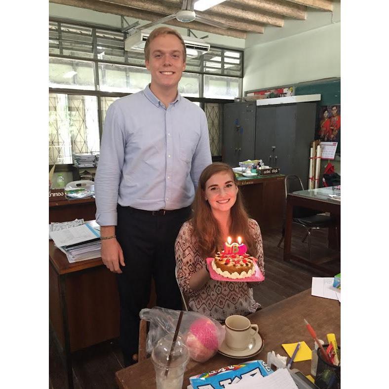 Celebrating Kayla's birthday at work in Si Samrong, Thailand in 2016