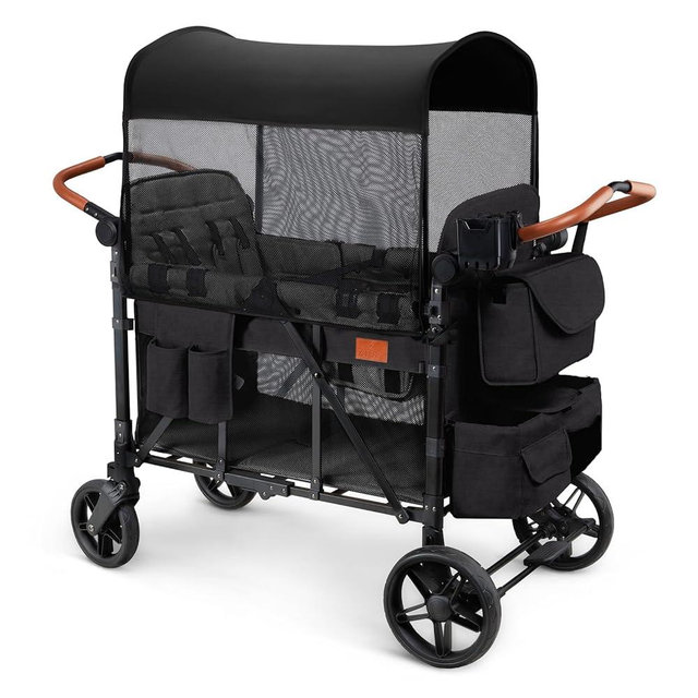 ZTDM Wagon Stroller for 4 Kids, All-Terrain Wagon for Toddler with Canopy, Parent Organizer, Shoulder Bag, Adjustable Handlebar, Phone Holder, High Seat & 5 Point Harness, Ultimate Quad (Black)