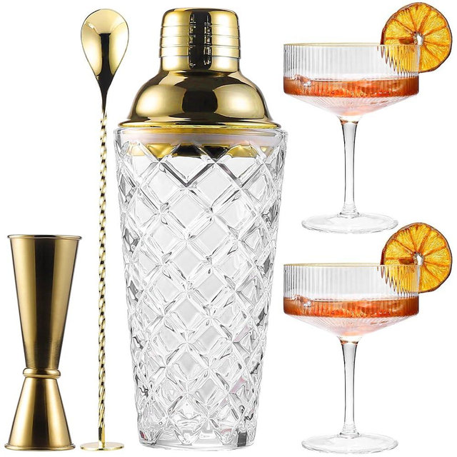 Cocktail Shaker Set with Coupe Glasses – 5-Piece Gift Set Includes Pineapple Glass Shaker with Gold Lid, Jigger, Bar Spoon & 2 Ribbed Gold-Rimmed Glasses – Bartender Kit for Home Bar